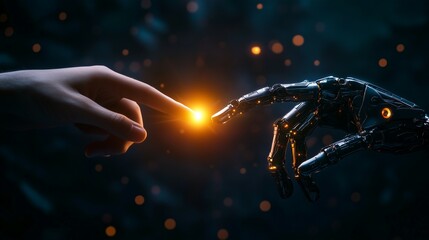 Close-up of a human hand and a robot finger pointing at each other, with a glowing light between them on a dark background with copy space for text or an icon