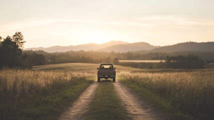 Pickup truck driving on a dirt road through a field at sunset.
