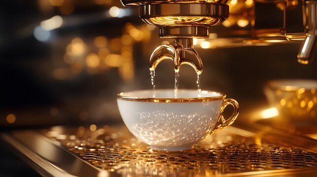 A beautiful blue and gold teacup is being filled with water from an ornate coffee machine
