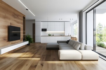 Fototapeta premium Modern living room interior with a wooden floor and white walls. A sofa is placed against the wall, facing a television, Generative AI