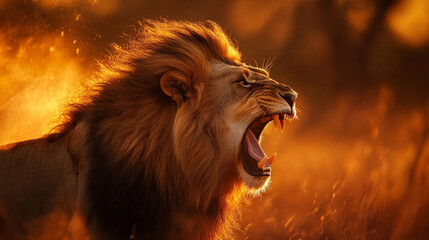 Majestic lion roaring in golden sunset light amidst African savanna