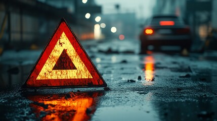 A warning sign on a wet road.
