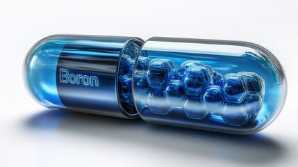 Naklejka premium Photo of a deep blue capsule with transparent halves filled with Boron capsules, creating a vivid, glowing effect against a light background.