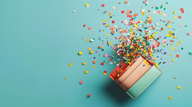Confetti-filled wallet with confetti bursting out as it's opened, set on a muted blue backdrop - Powered by Adobe