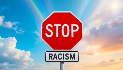 Obraz premium Red stop sign with 'Racism' underneath against a vibrant sky, symbolizing a call to halt discrimination.