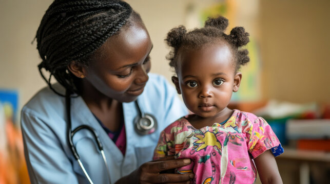 Worker supports child in getting ready for a health check-up at a community clinic