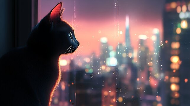 A silhouette of a cat looking out of a window with raindrops against a vibrant city skyline at dusk, showcasing deep colors and a serene, contemplative atmosphere