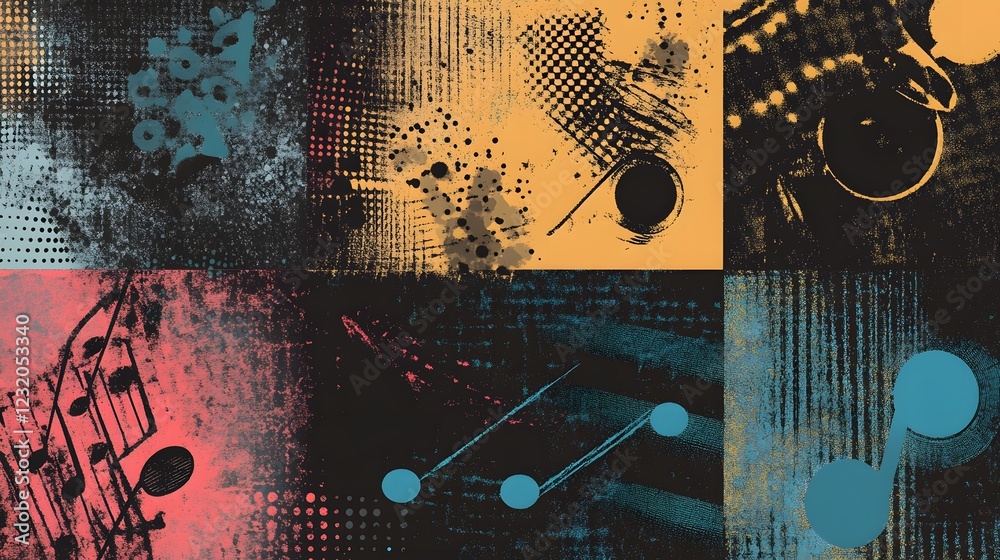 Aufkleber Captivating Abstract Digital Art Composition with Vibrant Geometric Patterns and Textural Grunge Elements