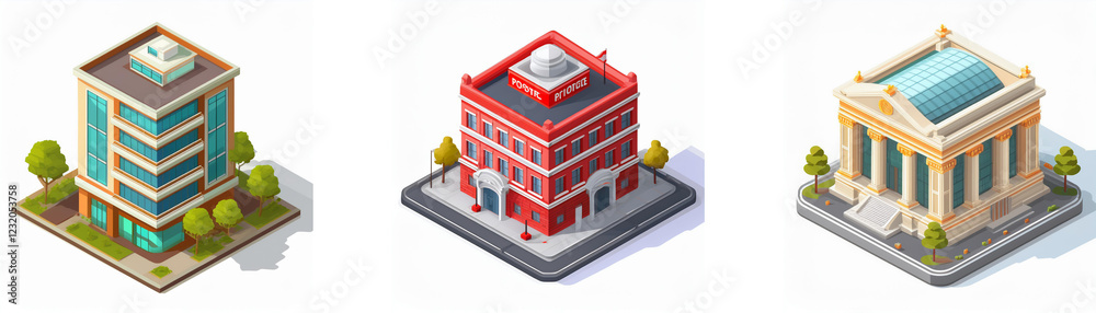 Poster three isometric buildings: a modern office tower, a red brick building, and a classical style struct