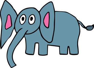 A surprised grey elephant with big ears and a long trunk stands and looks at the camera with curiosity