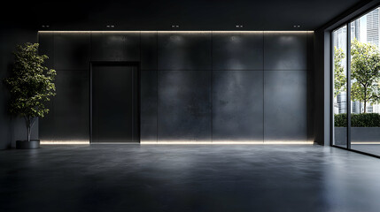 Obraz premium Dark modern office lobby, city view, empty space