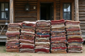 Rustic wooden cabin with colorful woolen blankets stacked on porch and cozy homely atmosphere