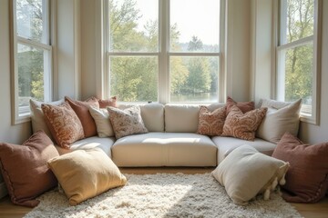 Cozy sunlit living room corner with white sectional sofa, throw pillows, and plush cream shag rug