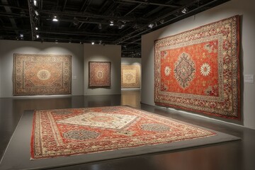 Art gallery display of four large Persian rugs on polished concrete floor with soft lighting