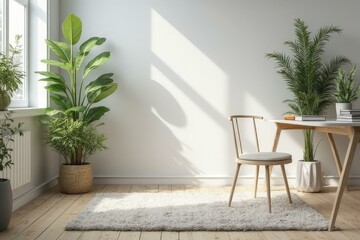 Bright, minimalist home office with light wooden flooring, white rug, and large window