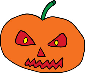 funny orange pumpkin with sharp teeth and yellow angry eyes looking at camera