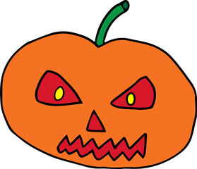 funny orange pumpkin with sharp teeth and yellow angry eyes looking at camera