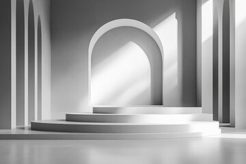 Geometric shapes casting shadows on a minimalist presentation space, with subtle lighting, soft gradients, and modern digital aesthetics adding contrast and dimension.