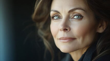 Fototapeta premium A close-up of a woman's face with long brown hair and blue eyes.