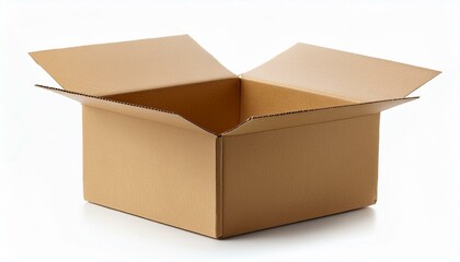 close up of one open square brown cardboard parcel box isolated on white background