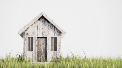 Obraz premium Rustic wooden house model in grassy field against white background.