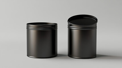 Two Black aluminum Can with open lid. Canned packaging for tea, coffee, gift box. 3d rendering