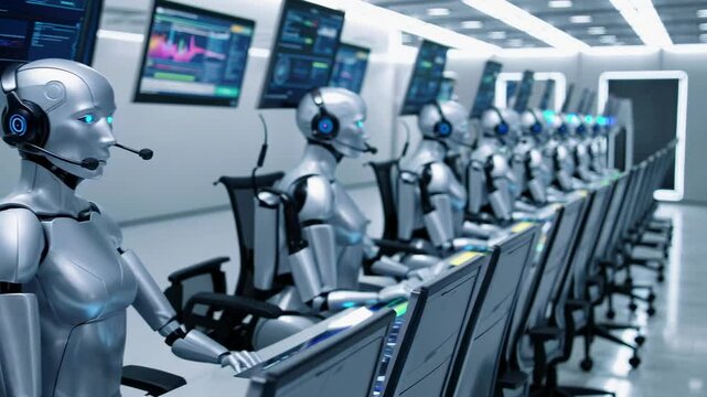 Advanced humanoid robots operate as call center agents, efficiently managing customer interactions in a sleek, technologically advanced office environment