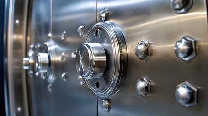 Fototapeta premium A close-up image of a metallic safe door, showcasing its intricate locking mechanism and shiny finish