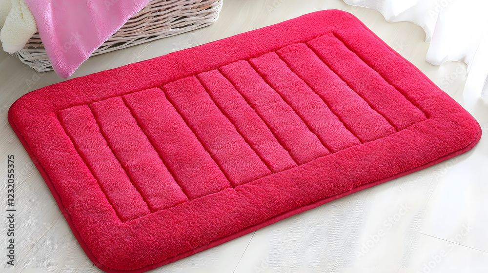 Poster a vibrant red bath mat with a plush texture, featuring a striped design, complementing the soft deco