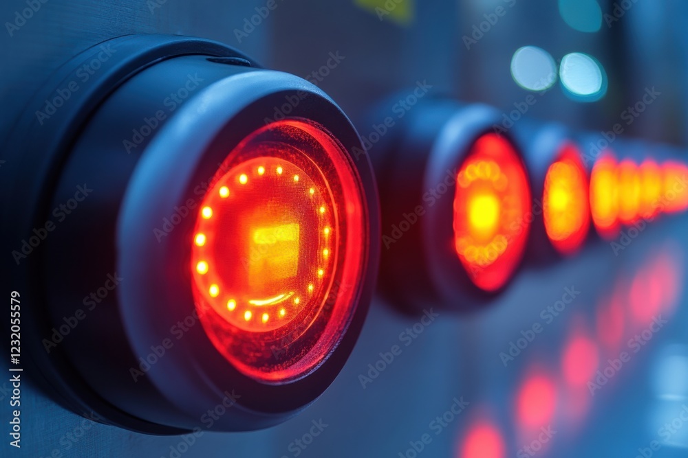 Fototapete Close-up view of illuminated red buttons, creating a futuristic ambiance. These lights signify power and control in modern technology settings.