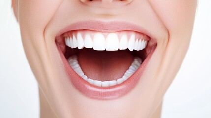 Obraz premium Close up capturing a perfect smile, showcasing white, healthy teeth and radiating happiness. Emphasizing the importance of dental care and oral hygiene for overall well being