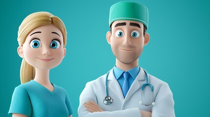 Smiling Cartoon Doctor and Nurse Team A 3D Rendered Healthcare Illustration