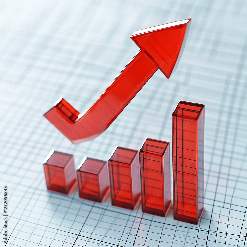 Poster a 3d red arrow pointing upwards alongside a bar graph, symbolizing growth, progress, and success in 