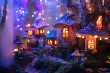 enchanted forest mushroom village at twilight, with glowing windows in tiny toadstool houses, fairy lights strung between branches, and misty rainbow atmosphere