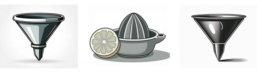 Three kitchen utensil icons: funnels and a citrus juicer.  Simple grayscale illustrations.  Useful for cooking websites or apps.