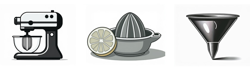 A set of three kitchen utensil icons: stand mixer, citrus juicer, and funnel.  Simple, monochrome illustrations.