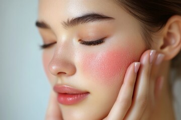 Fototapeta premium Asian young woman looking face skin in the mirror have a red rash on her face from cosmetic allergy