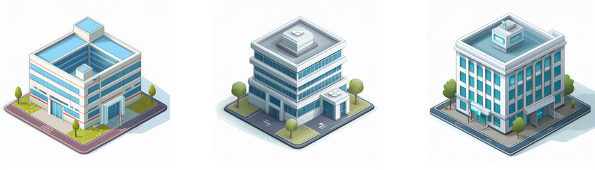 Three isometric illustrations of modern office buildings, showcasing architectural designs and landscaping.