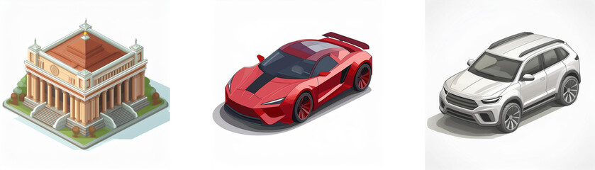 Isometric illustrations showcase a classical building, a red sports car, and a white SUV.  These represent architecture, speed, and utility.
