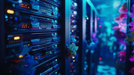 Naklejka premium Futuristic Data Center with Colorful Lights and Servers in Focus
