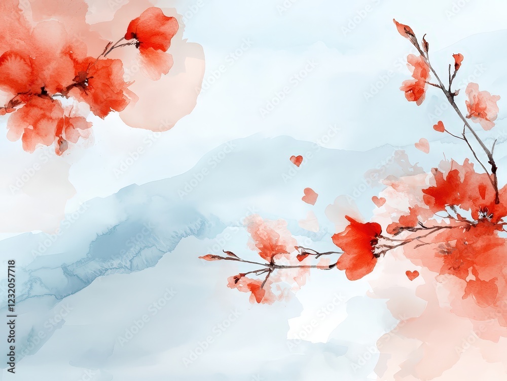 Canvas Prints Delicate Red Flowers and Soft Blue Background in Watercolor Style for Serene Artistic Background or Artwork