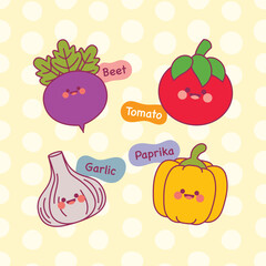 Groovy Cartoon Vegetables Set. Cute Smiling Vegetable Characters with Plants. Fun and Playful Food Illustration for Stickers, Prints, and More.