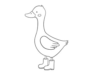 Funny goose with boots, childish line art, hand drawn illustration for coloring book or page