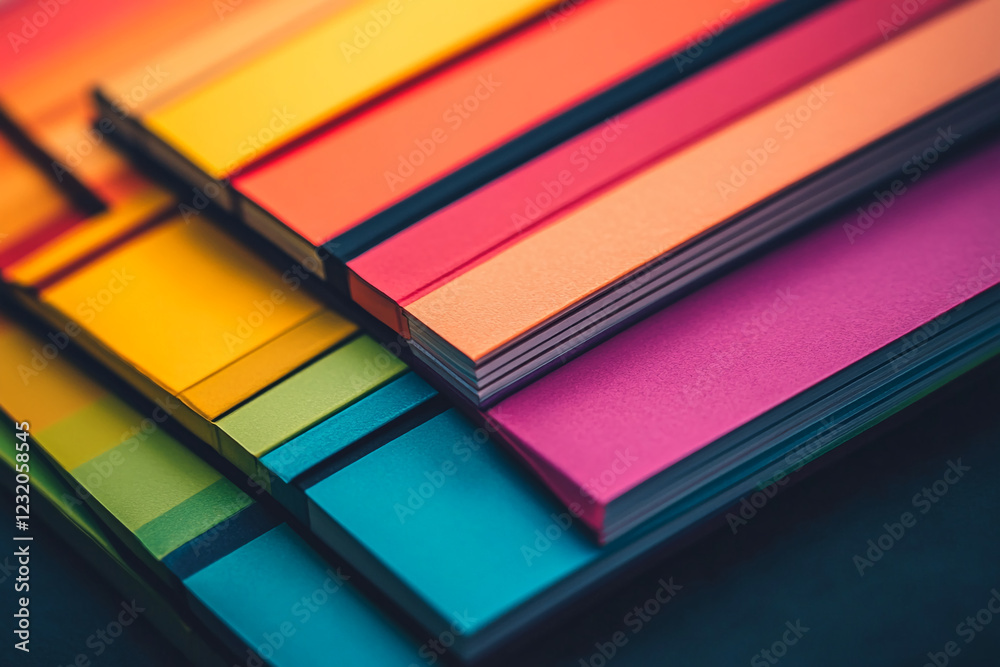 Poster close-up of a stack of colorful notebooks in vibrant shades, representing creativity, organization, 