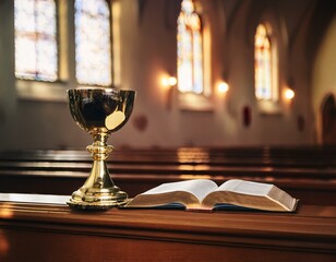 bible and chalice in a church