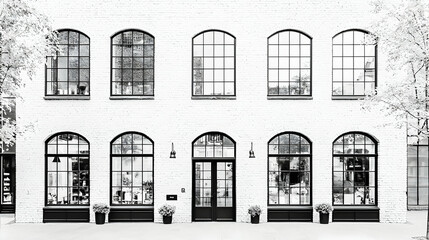 White brick building facade, city street, arched windows, storefront, urban architecture