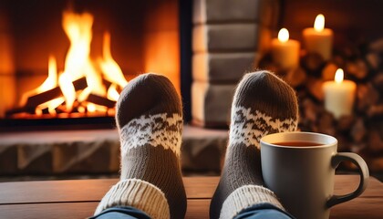 entspannung mit in wollsocken gepackte fusse vor einem kamin und einem heissen getrank