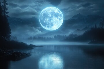 Glowing orb floating above a serene lake at night, casting a soft, mysterious light over the water.