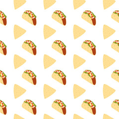 Triangular Tortilla chips Nacho and Taco Seamless pattern Traditional Mexican cuisine backdrop idea