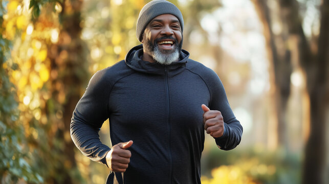 Fitness enthusiast jogging in blurred park background 